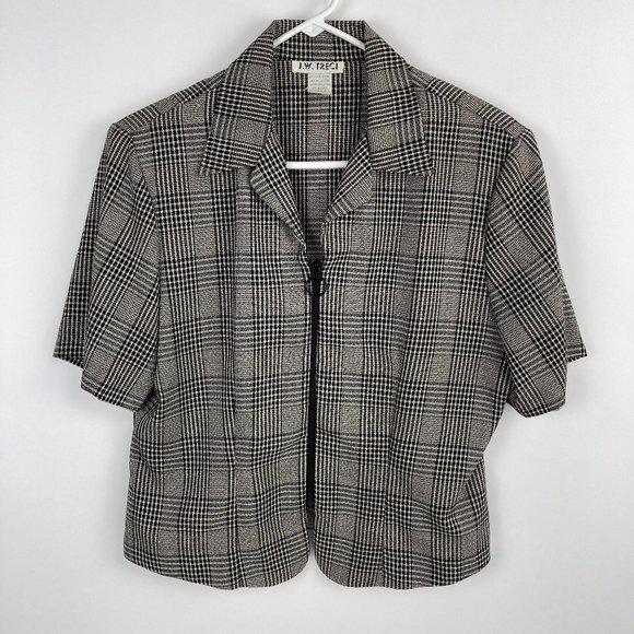 J. W. Treci Plaid Striped Zip Up V-neck Blouse - Picture 1 of 7